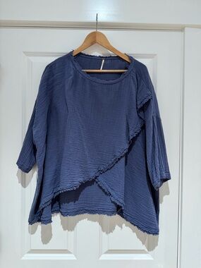 Free People Blue Gauze Asymmetrical Raw Hem Boho Top XS Oversized